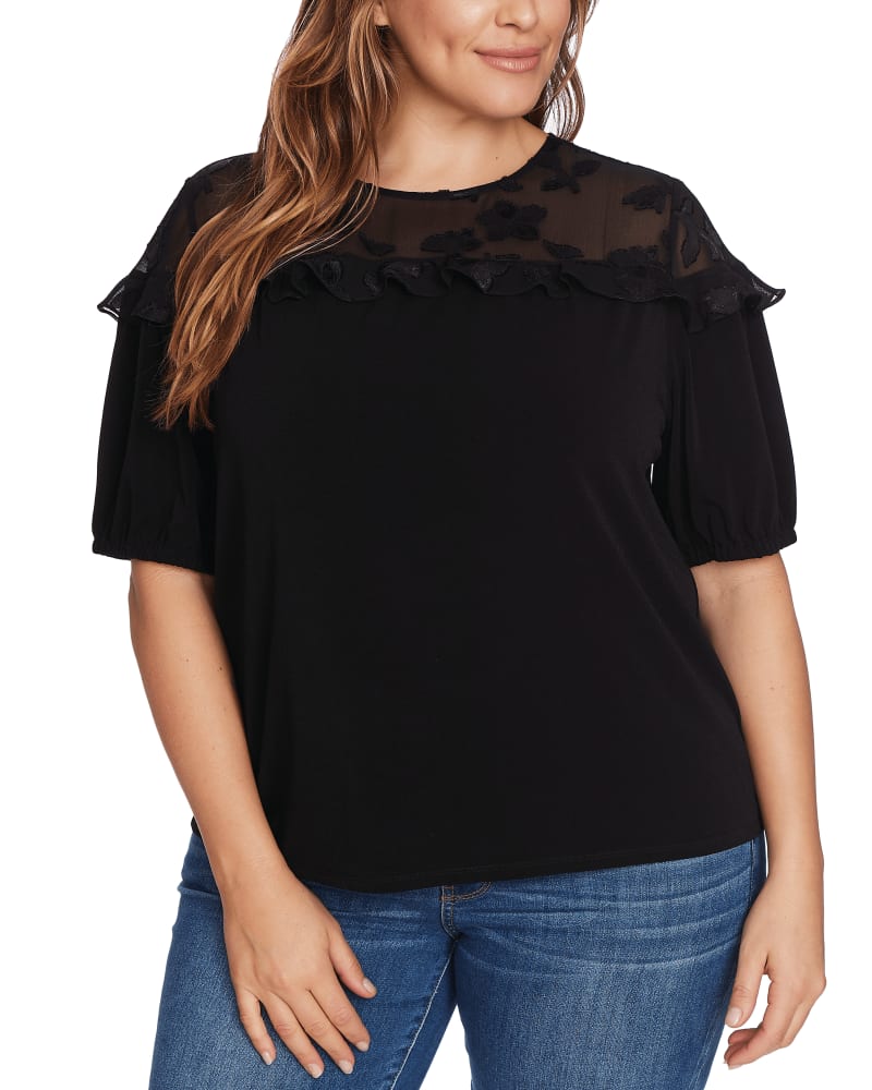 Front of a model wearing a size 1X Lucia Floral Applique Mesh Top in 060-RICH BLACK by CeCe. | dia_product_style_image_id:263773
